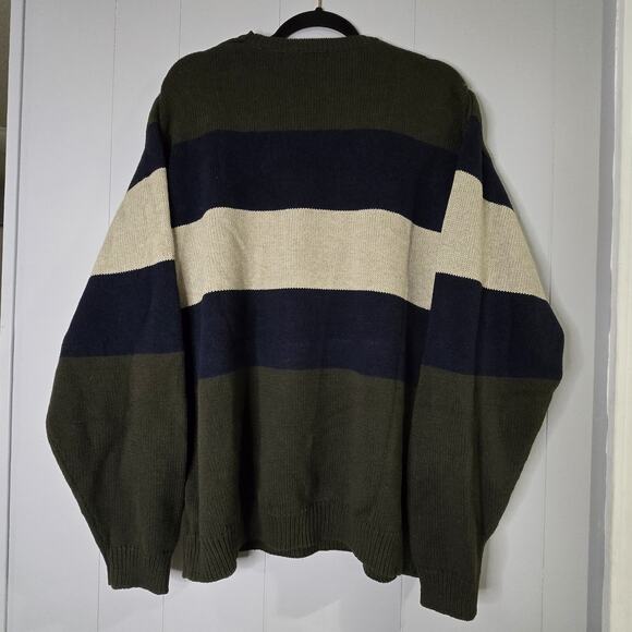 Izod Pullover Sweater Men's Size XL Navy Beige Army Green Stripes Grandpacore - Picture 2 of 5